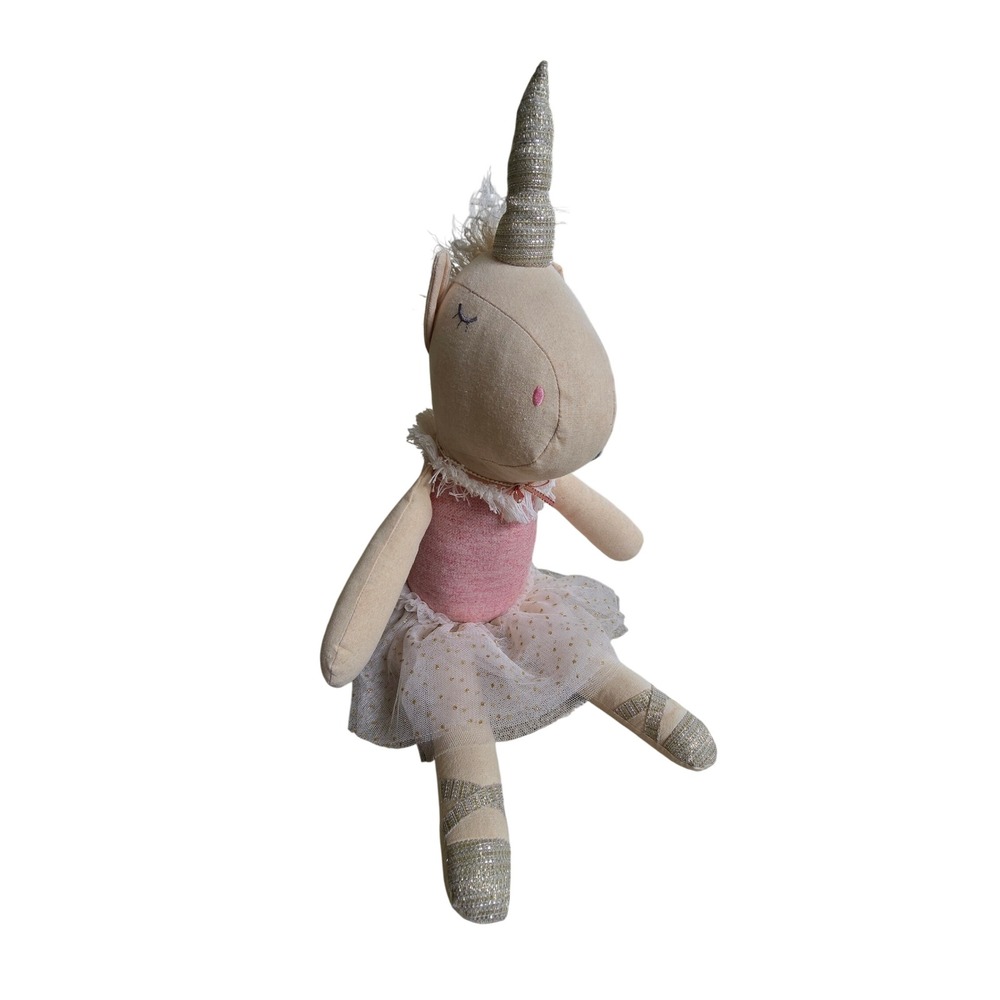 Mud Pie Unicorn Ballerina Plush Doll Pink Tweed Gold Polka Dot Tutu 18 Inch